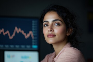 Aufkleber - Modern Financial Analysis Aesthetic Indian Woman, 28, in Sleek Office Setting with Stock Market Graphics on Dual Monitors - Innovate Business Strategy and Investment Insights