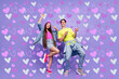 © deagreez - Photo of crazy couple celebrate 90s event guy direct empty space wear pin-up outfit isolated purple color background