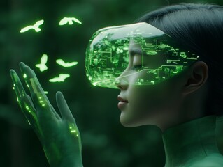 Aufkleber - Futuristic Holographic Technology Female Digital Avatar in Verdant Forest - Immersive VR Branding and Eco-Friendly Digital Marketing Solutions