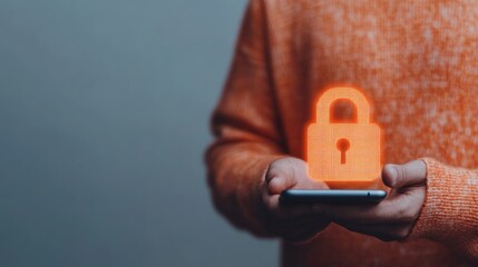 Fototapete - Neon Cybersecurity Glowing Padlock on Smartphone for Digital Privacy - Tech-Savvy Mobile Security and Data Protection in Business and Personal Applications
