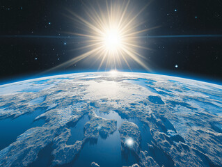 planet earth captured from space, focusing on the arctic region. the view reveals ice caps, deep blu