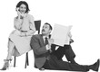 © master1305 - Elegant woman talking on retro phone and man sitting and reading newspaper isolated on transparent background. Monochrome image. Concept of retro and vintage, fashion, communication and lifestyle