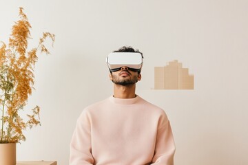 Poster - Modern Urban Planning Vision Athletic Young Indian Man with VR Headset Probing Architectural Model - Minimalist Workspace and Tech-Driven Design Solutions
