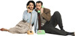 © master1305 - Emotional young man and woman sitting on floor and talking on vintage rotary phone isolated on transparent background. Communication, news. Concept of retro and vintage, fashion, human emotions, style