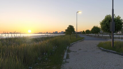 Wall Mural - Coastal path sunset cityscape tranquil seaside walk