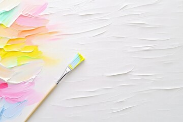 A paintbrush lies on a white textured canvas surrounded by colorful pastel strokes, blending soft hues in a creative and artistic scene.