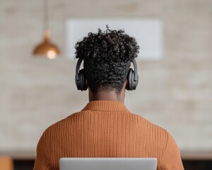 Poster - Warm Contemporary Workspace Design Professionals in Cozy Knit Attire Engage in Virtual Training with Headphones - Digital Learning and Advanced Skill Development for Modern Offices