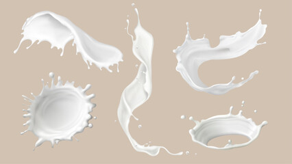 Wall Mural - milk splash collection with dynamic fluid shapes - white liquid drops, circular splatter, swirling s