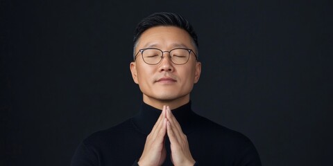 Poster - Zen Office Space Design Asian Athletic Man Practicing Mindfulness Meditation in Modern Breakout Room - Enhancing Stress Management and Mental Wellness in Corporate Environments