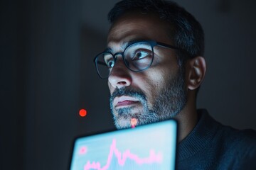 Poster - Urban Financial Innovation Mid-30s Indian Man in Smart Casual with Tablet and City View - Modern Stock Trading and Digital Investment for Wealth Growth