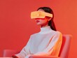 © Ryzhkov - Neon Sleek Young Asian Woman with AR Glasses on Textured Sofa - Transforming Living Spaces with Wearable Tech and Immersive Visuals for Interactive Home Solutions