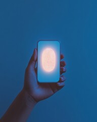 Poster - Futuristic Mobile Security Blue-Hued Digital Wallet Interface with Fingerprint Identification - Secure Transactions and Data Protection for Finance Technology Solutions