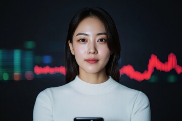 Poster - Tech-Inspired Financial Growth Business Casual Korean Woman with Smartphone, Global Cryptocurrency Trends and Digital Graphs - Future Finance and Market Dynamics Vision