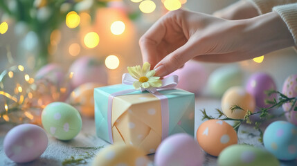 Springtime gift exchange with painted eggs and blossoms under soft candlelight