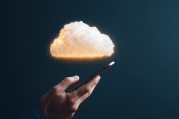 Poster - Futuristic Mobile Payment Hand Holding Smartphone with Cloud of Data Sparks - Fintech Advertising and Secure Connectivity for Modern Digital Transactions