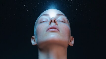 Poster - Futuristic Introspective Portrait Ethereal Female in Cosmic Glow, Digital Surrealism for Sci-Fi Art Collections and Inspirational Content Creation