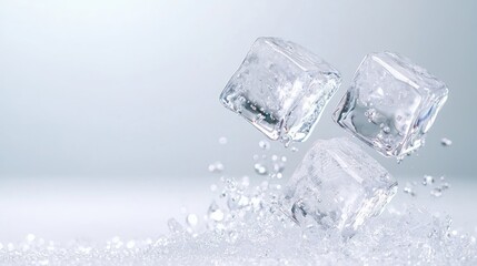 Wall Mural - Three ice cubes falling into water, splash, background