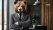 © P.G - A surreal AI-generated image of a bear's head on a human body, dressed in a sleek business suit, standing confidently in a modern office.
