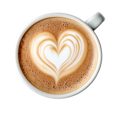 Wall Mural - Cappuccino with heart-shaped latte art, isolated on a white background, top view.