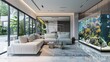 © aan - A frameless aquarium in a luxurious, minimalist living room, filled with vibrant fish, coral, and plants. Natural light enhances its serene beauty.
