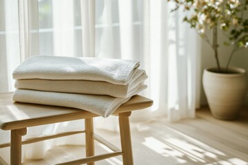 Poster - folded white towels on wooden stool in bright sunlit room with minimalist decor, bath, spa, and wellness concept