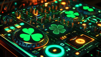 Canvas Print - A DJ with a futuristic setup: the virtual console glows with green patterns, 3D icons of clovers and gold coins spin around. St. Patrick's Day in the 21st century