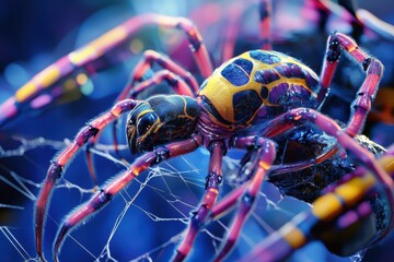 A colorful spider is sitting on a web
