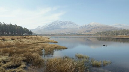 Wall Mural - Calm lake, mountain reflection, autumnal reeds, misty peak, Scotland