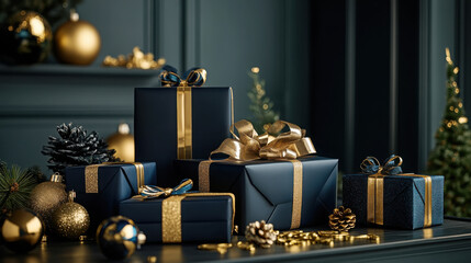 Wall Mural - Elegant holiday gift display with deep blue and black wrapped boxes in a festive tabletop setting