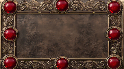Golden vintage game frames, ui medieval square red buttons withnborders from metal, gems. Cartoon empty metallic bordering with gemstone isolated design elements, Vector illustration set