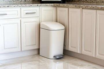 Kitchen trash bin placed in the corner of a clean kitchen space