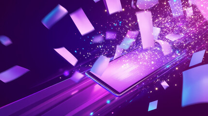Wall Mural - mobile document manager business concept vector isometric illustration. smartphone on purple ultravi