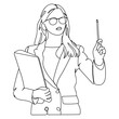 © PZ - Dessin en ligne continu d'une femme en tenu professionnelle, métier de l'enseignement, présentation commerciale, line art, vecteur