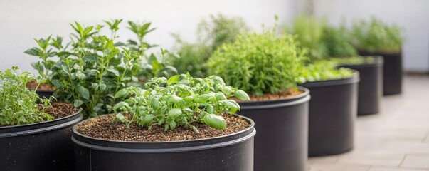 Poster - Natural fertilizer gardening idea. A vibrant display of fresh herbs growing in stylish black pots in modern outdoor space.