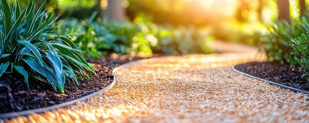 Poster - Green spaces gardening concept. A serene garden pathway surrounded by lush greenery and soft sunlight filtering through.