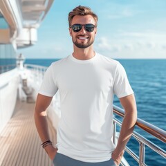 Wall Mural - Summer cruise, vacation t-shirt designs mockup. Handsome man wearing white basic tshirt standing on yacht deck, sunny day. Men's blank short sleeve t-shirt template, sea journey outdoors	