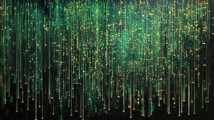 Abstract Digital Rain Matrix Background with Green and Gold Glowing Data Streams.