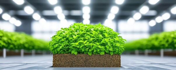 Poster - Green spaces gardening concept. Lush green plant displayed in a bright, modern indoor environment with ample lighting.
