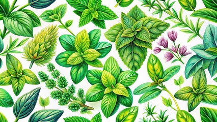 Wall Mural - Hand Drawn Herb Pattern Thyme Mint Botanical Illustration