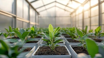Poster - Green spaces gardening concept. Fresh green plants thriving in a sunlit greenhouse setting with rich soil.