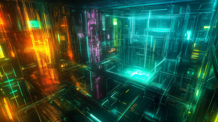 futuristic data center filled with glowing fibers