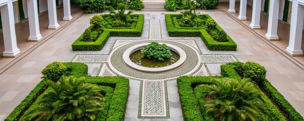 Poster - Gardening landscaping concept. Beautifully designed garden with lush greenery and intricate pathways in a tranquil setting.