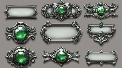 Wall Mural - silver buttons with fantasy frames in medieval style and green gems for rpg game ui design. vector c