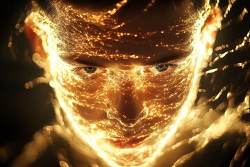 Poster - Portrait of a person with glowing lights on their face, creating a striking visual effect in a dark setting