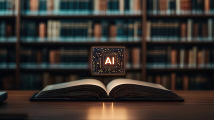 Aufkleber - large open book lies on wooden table, with AI symbol hovering above it, set against backdrop of bookshelves filled with books. This captures intersection of knowledge and technology