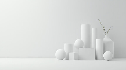 Aufkleber - Minimalist arrangement of white geometric shapes, including cylinders, spheres, and vase with branch, creating serene and modern aesthetic