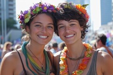 Wall Mural - Friends celebrating at a vibrant festival wearing flower crowns and colorful attire in a lively urban environment