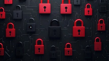 Aufkleber - Digital locks on dark background with circuit patterns, symbolizing security and technology. contrasting colors of red and black create striking visual impact