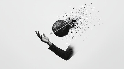 Poster - surreal black and white image depicting hand releasing planet, symbolizing dissolution of reality. artwork evokes sense of wonder and imagination