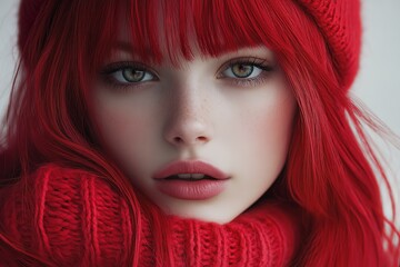 Young woman with vibrant red hair and winter attire posing against a light backdrop in a cozy setting